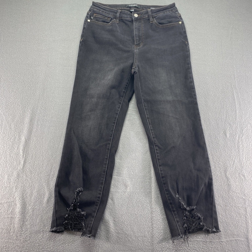 Judy Blue Cropped Straight Jeans Womens Size 11/30 Black Distressed Raw Hem